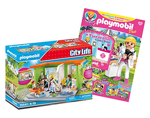 Playmobil City Life 70541 - Juego de pediatría y revista Playmobil Pink (cómics, mics, afianzas, juegos) con veterinaria y cachorro, a partir de 4 años