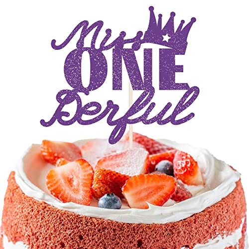 PLIGREAT Adorno para Tarta Miss Onederful, Decoración para Tarta con Purpurina Púrpura, Suministros para el Primer Cumpleaños de la Niña para Niña de 1 años Suministros de Decoración para Fiestas