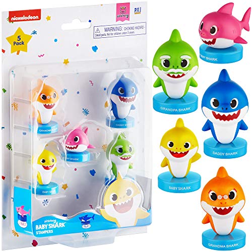 PMI Sellos Baby Shark, Paquete de 5, Sellos de Baby Shark (tiburón bebé) con Tinta incorporada, Figuras para Decorar Fiestas, Tartas, 6 cm, PVC Suave (C)