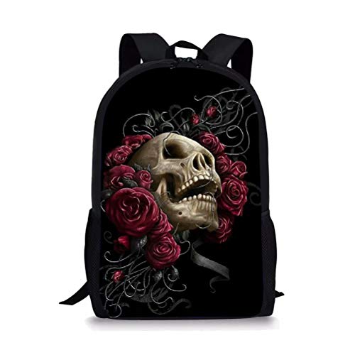 POLERO Mochila escolar para niños Mochila escolar con calavera de rosas rojas Mochila floral esquelética con bolsillo lateral Dead Head Flower Day Pack para niños Niños Niñas Mujeres Hombres Regalo