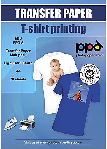 PPD Inkjet - A4 x 70 Hojas de Papel de Transferencia Térmica Premium para Camisetas y Tejidos Mixtos - 50 hh. Telas Claras y 20 hh. Telas Oscuras - Para Impresión de Inyección de Tinta - PPD-5-70