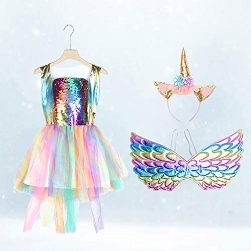 PRETYZOOM Unicornio para Disfraz Niñas Tutu Vestido-Diadema Traje Falda Alas Mujeres Niños-Unicornio Princesa Disfraz para Niños Niñas Lentejuelas Unicornio Vestido Maquillaje