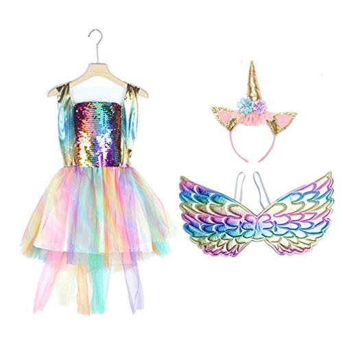 PRETYZOOM Unicornio para Disfraz Niñas Tutu Vestido-Diadema Traje Falda Alas Mujeres Niños-Unicornio Princesa Disfraz para Niños Niñas Lentejuelas Unicornio Vestido Maquillaje