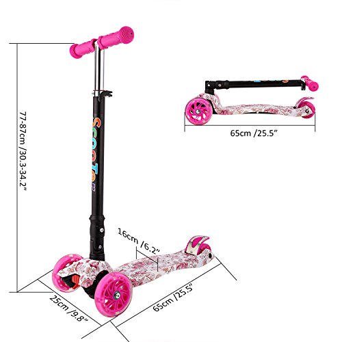 Profun Patinete Niño, Patinete para Niños 3 a 10 Años， Patinete Plegable con Ruedas de luz LED Patinetes de Altura Ajustable para Niños y Niñas (77CM-87CM), Carga Máxima 50 KG