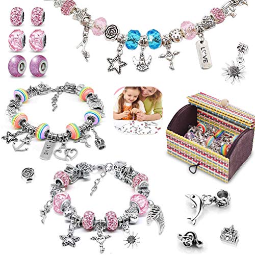 Pulseras hacer niña, 56pcs Kit de fabricación de Joyas Bricolaje Kits para Hacer Pulseras con dijes Colgantes Cuentas Cadenas para Hacer Joyas, Juegos de artesanías