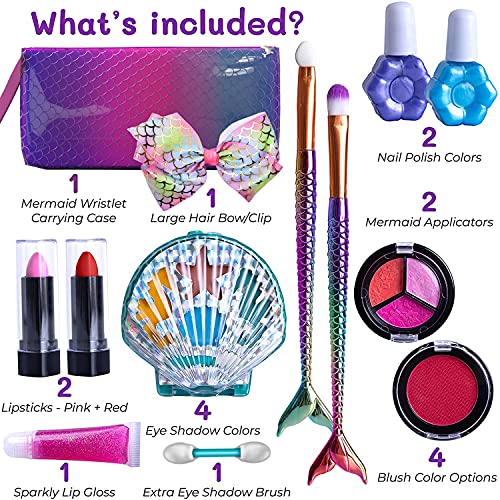 Purple Ladybug Kit de Maquillaje para Niñas Estilo Sirena - Set de Maquillaje de Niña Seguro y Lavable con Neceser de Maquillaje, Pintalabios, Coloretes, Sombras, Brochas con Cola de Sirena, y Más