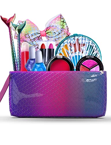 Purple Ladybug Kit de Maquillaje para Niñas Estilo Sirena - Set de Maquillaje de Niña Seguro y Lavable con Neceser de Maquillaje, Pintalabios, Coloretes, Sombras, Brochas con Cola de Sirena, y Más