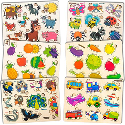 Puzzles Infantiles de Madera Niños 1 2 3 Años - Juguetes Bebes Montessori Bichos, Animales, Frutas - Aplicación Educativa con 42 juegos de rompecabezas como regalo