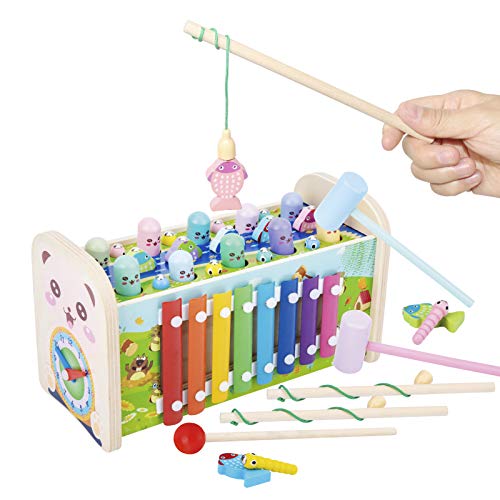 Q-FQRM Juguete de Madera con Martillo, 7 en 1 Juguetes Educativos de Aprendizaje Temprano, Juguete Musical de Madera con Xilófono, Juego de Pesca, Engranajes Móviles, Reloj, Regalo para Niños y Niñas