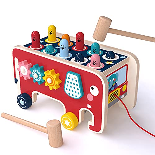 Q-FQRM Juguetes de Madera con 2 martillos, |Juego Multifuncional Banco de golpeo de Clavijas | Juego de Laberinto Montessori con Forma de Elefante Habilidades motoras Finas