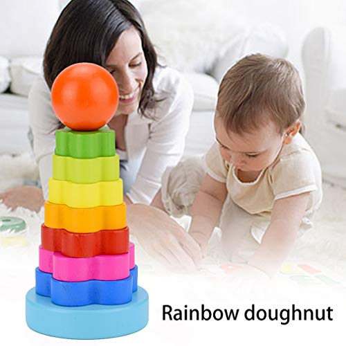 QiKun-Home Bloques coloridos para niños apilados juguete de madera torre de pila arco iris donuts 2-3 años de edad juguete para niños