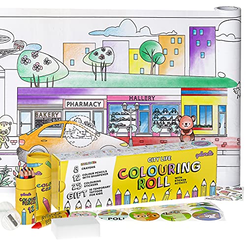 qollorette Pinturas para Niños, Libro Colorear con Lápices de Colores, Ceras de Colores y Pegatinas para Niños Vida en la Ciudad – Manualidades Regalos para Niños, 480 x 29cm (16 Feet)