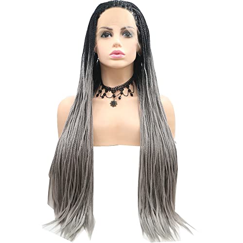 RainaHair Pelucas de trenzas de caja gris con encaje frontal sintético trenzas holandesas con raíz oscura resistente al calor Drag Queen Cosplay pelucas de 26 pulgadas