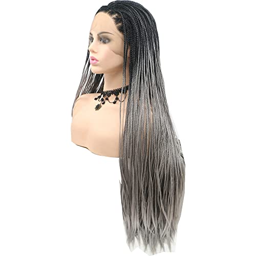 RainaHair Pelucas de trenzas de caja gris con encaje frontal sintético trenzas holandesas con raíz oscura resistente al calor Drag Queen Cosplay pelucas de 26 pulgadas