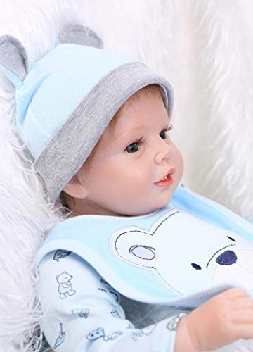 Reborn Baby Doll Vinilo de Silicona Suave 22 Pulgadas 55cm Boca magnética Realista Niño Niña Juguete Babero de Oso Azul