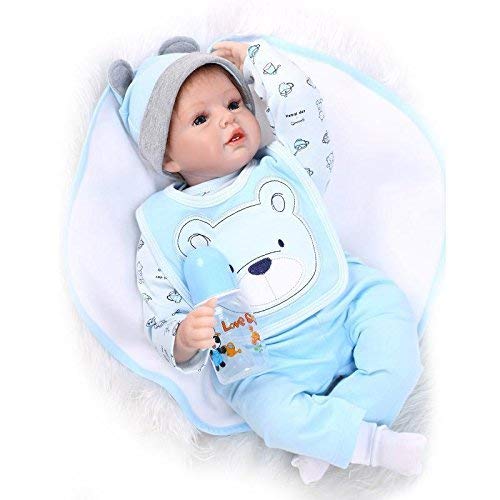 Reborn Baby Doll Vinilo de Silicona Suave 22 Pulgadas 55cm Boca magnética Realista Niño Niña Juguete Babero de Oso Azul