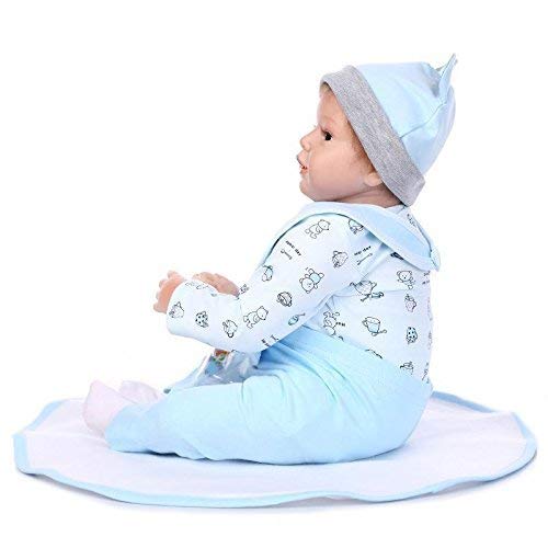 Reborn Baby Doll Vinilo de Silicona Suave 22 Pulgadas 55cm Boca magnética Realista Niño Niña Juguete Babero de Oso Azul