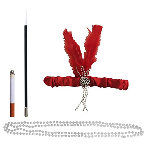 Red Feather Charleston Flapper Accessory set, Headband, Pearl Beads Cigarette Holder & fake Cigarette (accesorio de disfraz)