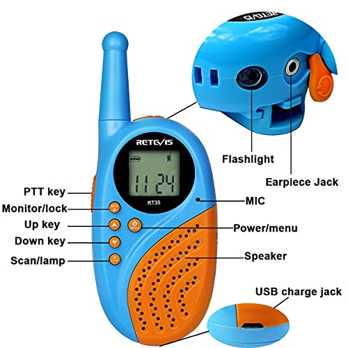 Retevis RT35 Walkie Talkies Niños Recargable , Reloj Despertador Digital Linterna VOX 8 Canales, Regalo con Baterías y Cable USB para Familia en Interiores y Exteriores (Azul, 1 Par)