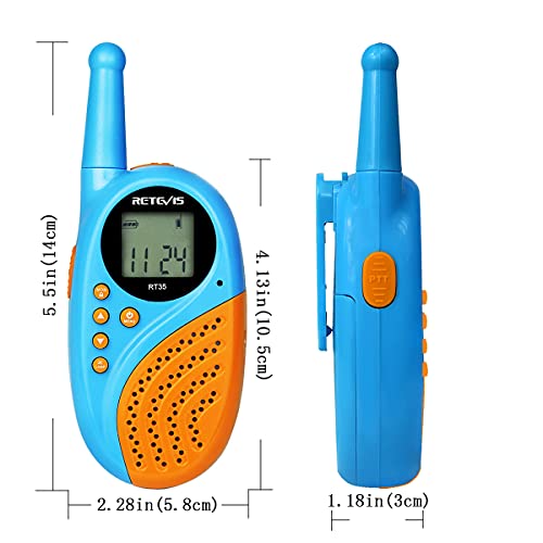 Retevis RT35 Walkie Talkies Niños Recargable , Reloj Despertador Digital Linterna VOX 8 Canales, Regalo con Baterías y Cable USB para Familia en Interiores y Exteriores (Azul, 1 Par)