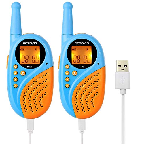 Retevis RT35 Walkie Talkies Niños Recargable , Reloj Despertador Digital Linterna VOX 8 Canales, Regalo con Baterías y Cable USB para Familia en Interiores y Exteriores (Azul, 1 Par)