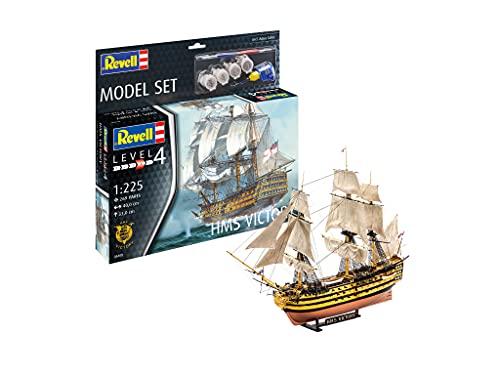 Revell-Revell-65408 Set HMS Victory, Escala 1:225, con Pinturas Base, Pegamento y brocha Kit de Modelo de plástico, Color sin Pintar (65408)