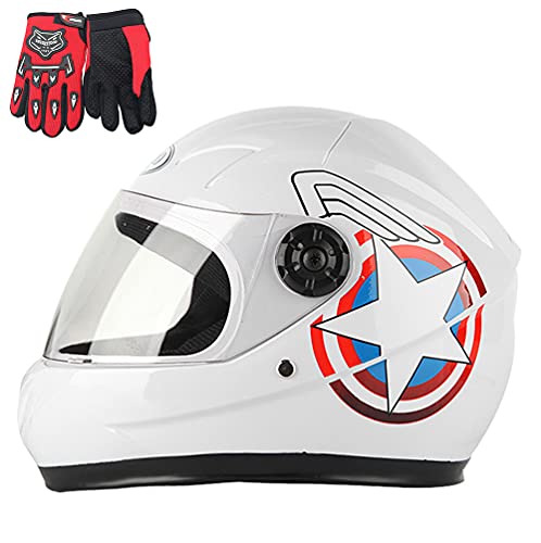 RJHY Cascos para Motocicletas Infantiles, Cascos completos, niños y niñas, Scooters de Bicicleta para niños Cascos de Motocicletas y Guantes, adecuados Durante 4-10 años,Blanco