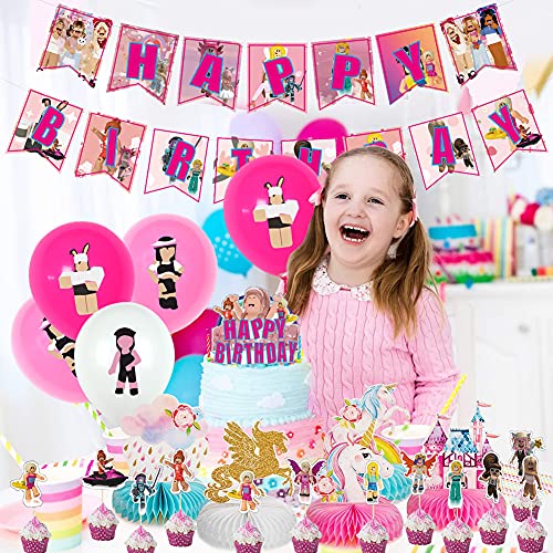 Roblox Globo Decoraciones de Cumpleaños BESTZY Roblox Videojuegos Temática Party Incluir Cupcakes Topper Banner Globos Suministros para Fiesta para Niños 33 Piezas