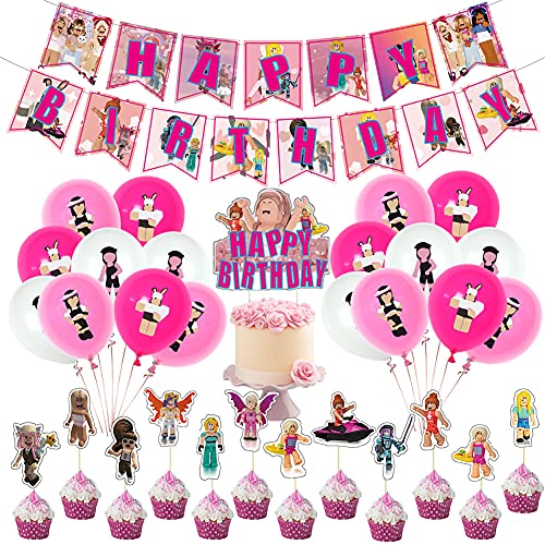 Roblox Globo Decoraciones de Cumpleaños BESTZY Roblox Videojuegos Temática Party Incluir Cupcakes Topper Banner Globos Suministros para Fiesta para Niños 33 Piezas