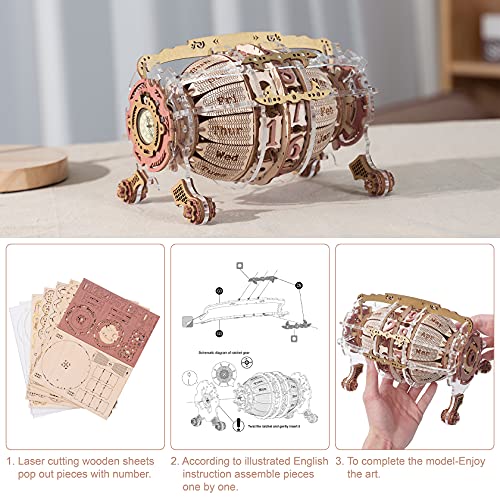 Robotime 3D Puzzle Meccanico Steampunk Barrel Time Clock Calendario Costruzione Set Modello FAI Da Te Kit In Legno Taglio Laser Woodcraft 250Pcs