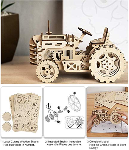 Robotime Rompecabezas de Madera 3D Cortado con láser - Kits de Modelo autopropulsados - Juego de construcción mecánica - Rompecabezas para niños, Adolescentes y Adultos (Tractor)