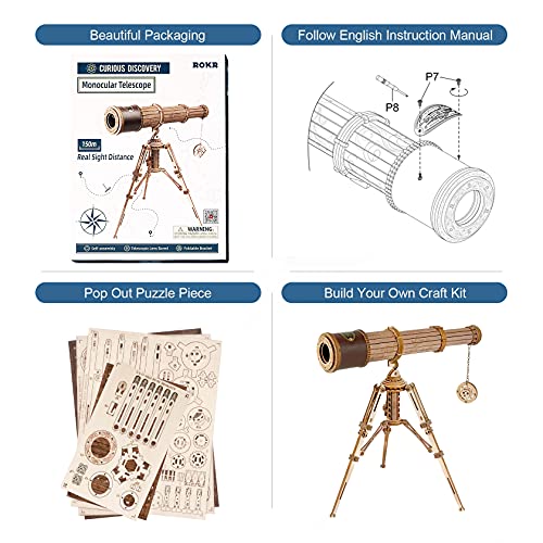 ROKR Rompecabezas Puzzles 3D Maquetas de Madera para Construir Telescopio Monocular Ciencias Regalos para Adultos Niños Mayores de 14 Años, 314 Piezas, Monocular Telescope