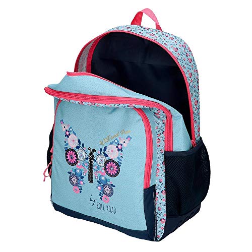 Roll Road Wild and Free Mochila Escolar Doble Compartimento Adaptable a Carro Azul 33x46x17 cms Poliéster 25.81L