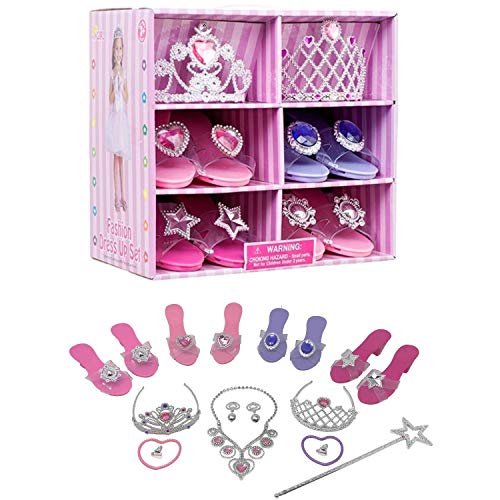 Royal Dreams Zapatos de princesa y juego de tiara. Incluye 4 zapatos de princesa para niñas, 2 tiaras, collar, pulseras y pendientes, juguetes perfectos para niñas pequeñas