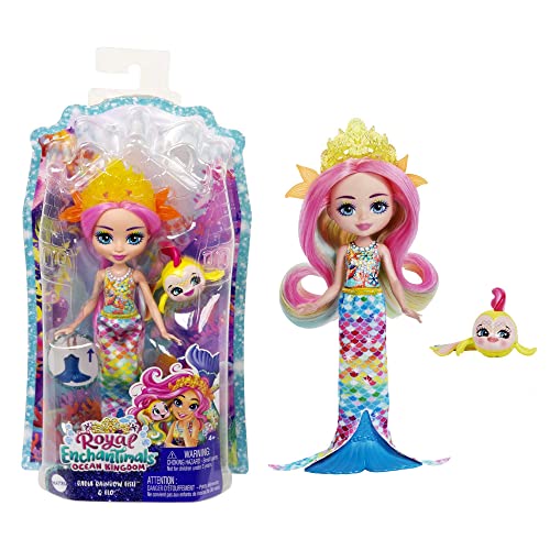 Royal Enchantimals Ocean Kingdom Muñeca Rainey Rainbow Fish con mascota pez arcoíris de juguete (Mattel HCF68)