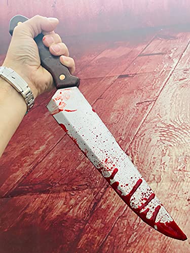 Rubber Johnnies Falso Myers - Cuchillo de carnicero sangriento, con seguro, 46 cm de largo, mango marrón, accesorio de película de Halloween