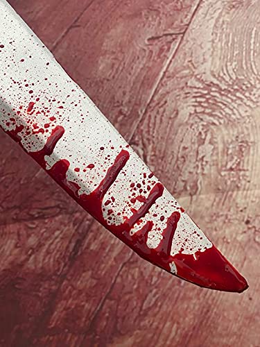 Rubber Johnnies Falso Myers - Cuchillo de carnicero sangriento, con seguro, 46 cm de largo, mango marrón, accesorio de película de Halloween