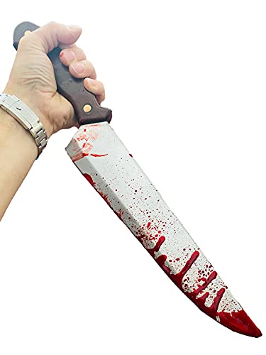 Rubber Johnnies Falso Myers - Cuchillo de carnicero sangriento, con seguro, 46 cm de largo, mango marrón, accesorio de película de Halloween