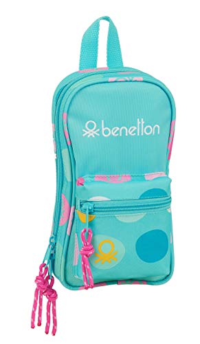 Safta 412051747 Plumier mochila 4 estuches llenos, 33 piezas, escolar Benetton, Azul (Topos Turquesa)