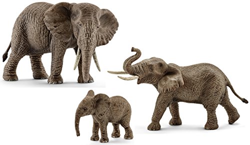 Schleich - Set de 3 figuras Familia de Elefantes Africanos. Elefante Macho, Elefante Hembra y Cría de Elefante