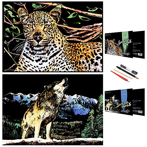 Scratch Painting Art Paper, Animal Series Scratchboard para niños y adultos, regalos & Arts Craft Kits con 4 herramientas, tamaño: 30,5 x 30,5 cm (Wolf & Cheetah)