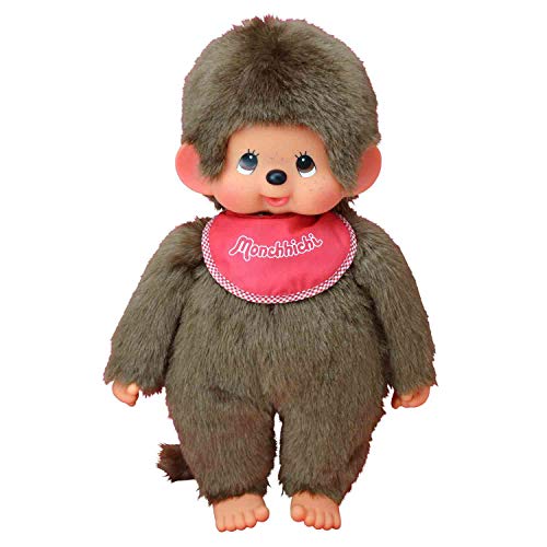 Sekiguchi 255410-Original niño Monchhichi, de Felpa, Babero Rojo, Aprox. 45 cm, Color marrón (4905610255412)