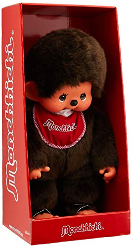 Sekiguchi 255410-Original niño Monchhichi, de Felpa, Babero Rojo, Aprox. 45 cm, Color marrón (4905610255412)