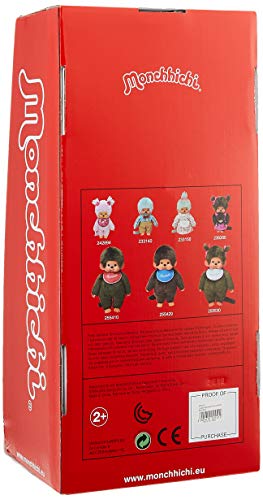 Sekiguchi 255410-Original niño Monchhichi, de Felpa, Babero Rojo, Aprox. 45 cm, Color marrón (4905610255412)