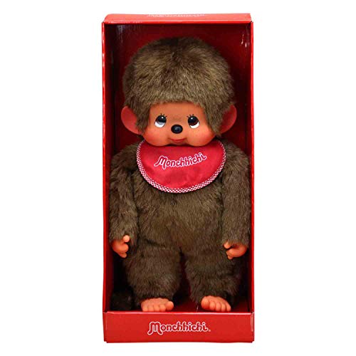 Sekiguchi 255410-Original niño Monchhichi, de Felpa, Babero Rojo, Aprox. 45 cm, Color marrón (4905610255412)