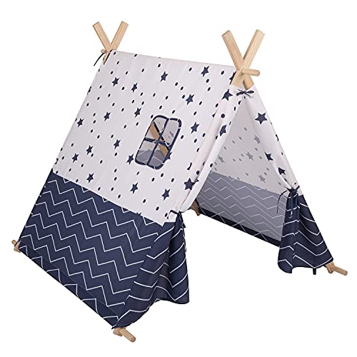 Selonis Tipi Infantil con 100 Bolas Tienda De Campaña para Niños, Azul Marino-Estrellas:Gris/Blanco/Turquesa