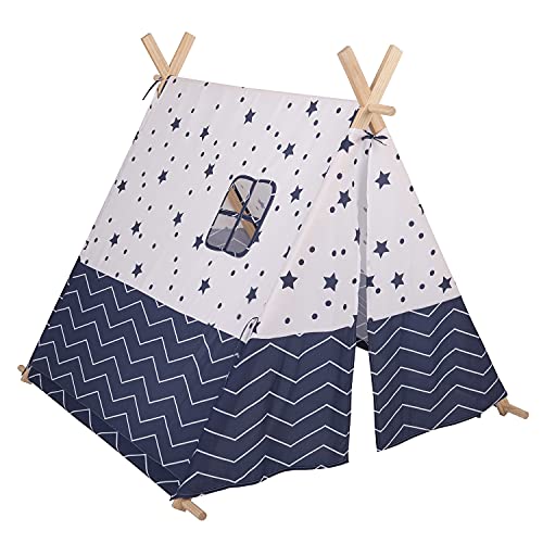 Selonis Tipi Infantil con 100 Bolas Tienda De Campaña para Niños, Azul Marino-Estrellas:Gris/Blanco/Turquesa