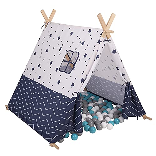 Selonis Tipi Infantil con 100 Bolas Tienda De Campaña para Niños, Azul Marino-Estrellas:Gris/Blanco/Turquesa