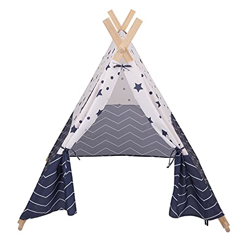 Selonis Tipi Infantil con 100 Bolas Tienda De Campaña para Niños, Azul Marino-Estrellas:Gris/Blanco/Turquesa