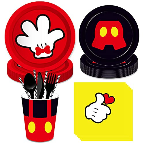 Set de Fiesta de Cumpleaños de Mouse Simmpu 93 Piezas de Vajilla Desechable para Mouse Platos Tazas Servilleta de Papel Paja Cuchillo Tenedor y Cuchara para Niños Cumpleaños para 8 Invitados